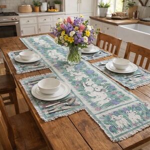 90s Park B Smith textured woven bunny & tulips table runner & 4 placemats